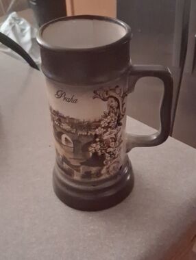 Praha Ceramic Beer Stein Mug in Brown and Cream